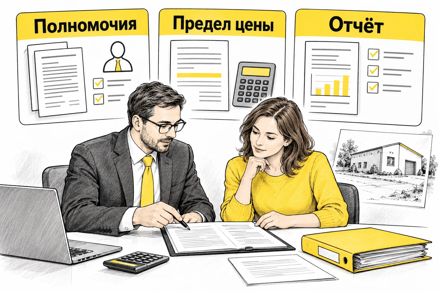 Покупатель и представитель проверяют полномочия, предел цены и порядок отчётности по договору сопровождения