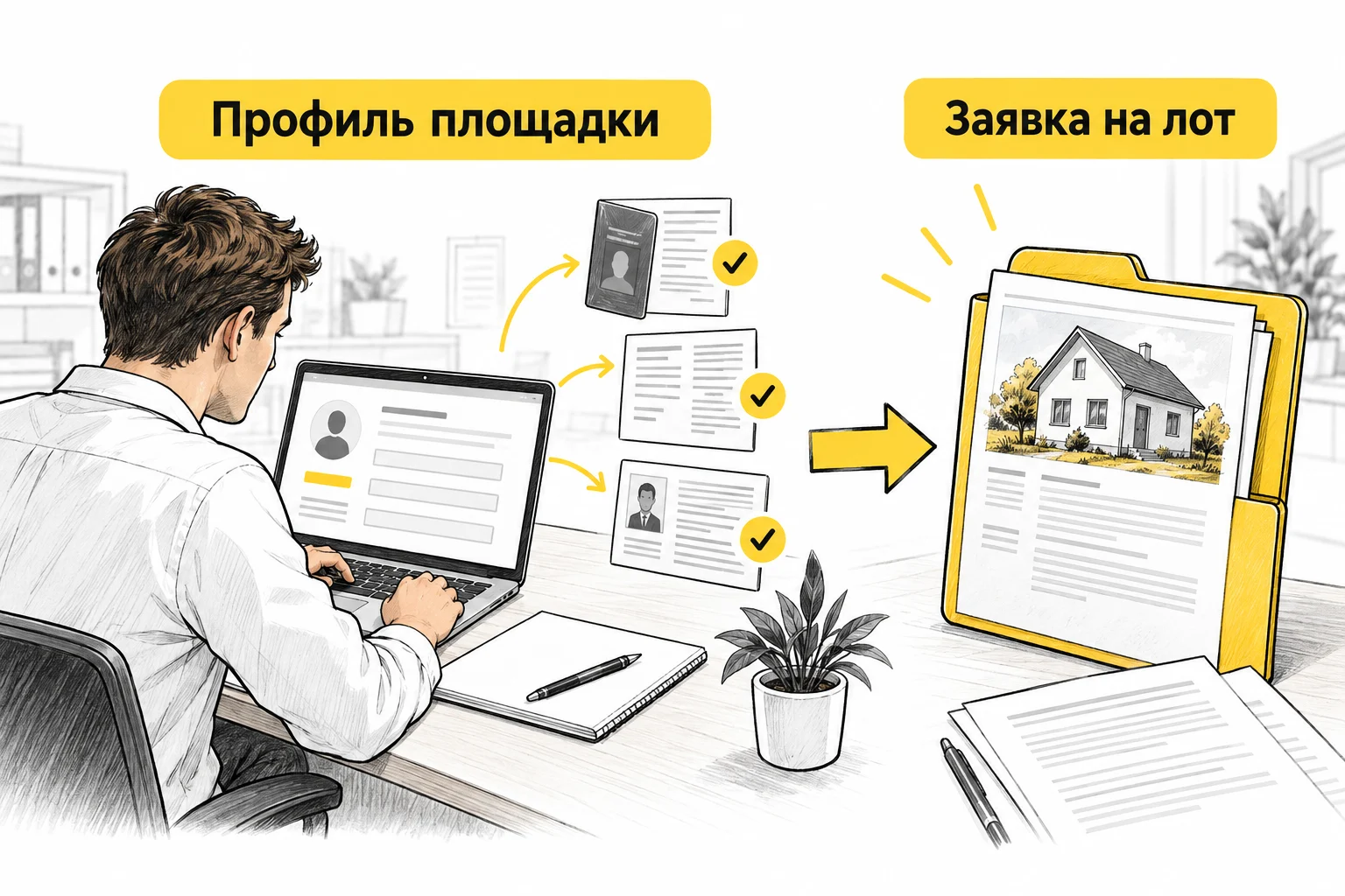 Регистрация на площадке и проверка профиля проходят отдельно от подачи заявки на конкретный лот