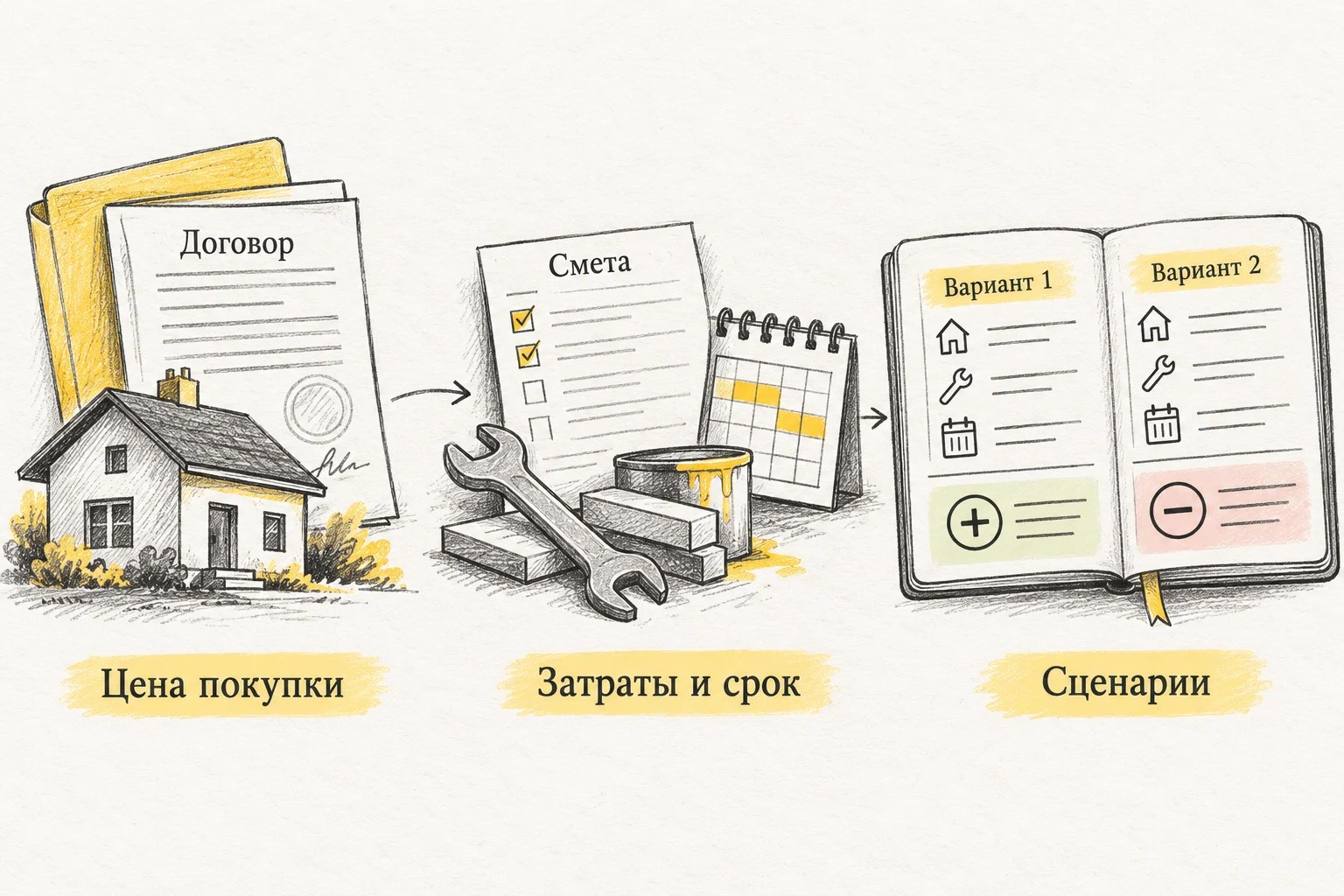 Цена покупки, дополнительные затраты и сценарий результата сделки