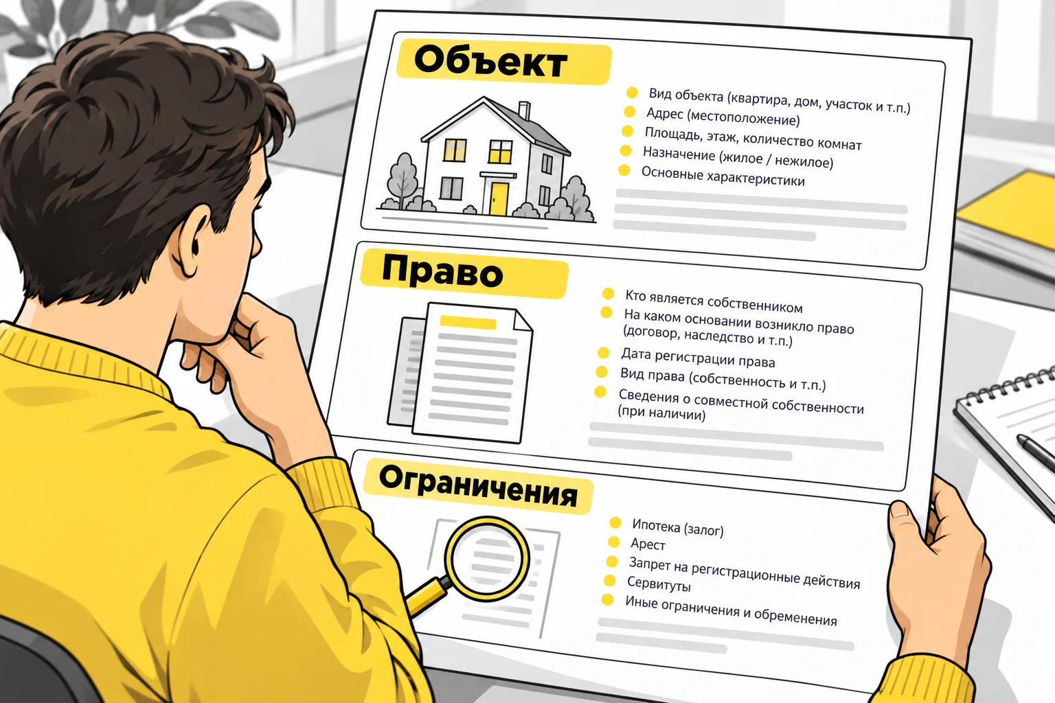 Покупатель читает сведения об объекте, праве и ограничениях как разные части проверки
