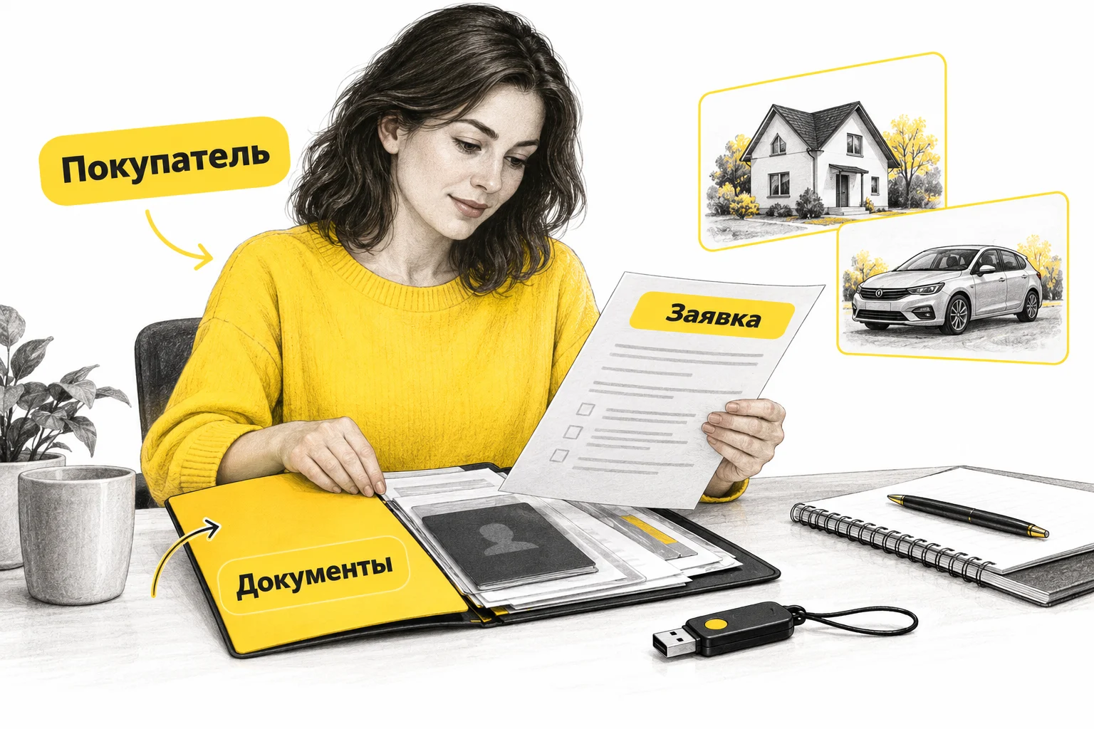 Физическое лицо готовит собственные документы, подпись и заявку на покупку имущества банкрота