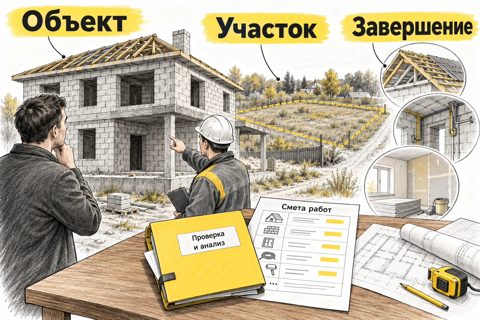 Покупатель и специалист проверяют незавершённый объект, участок и необходимые работы