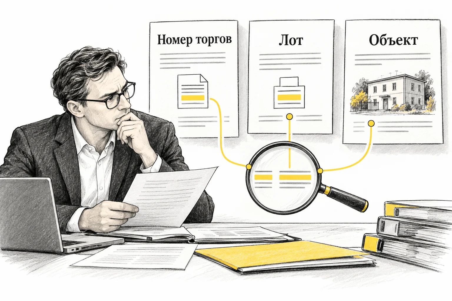 Покупатель сопоставляет номер торгов, номер лота и описание имущества