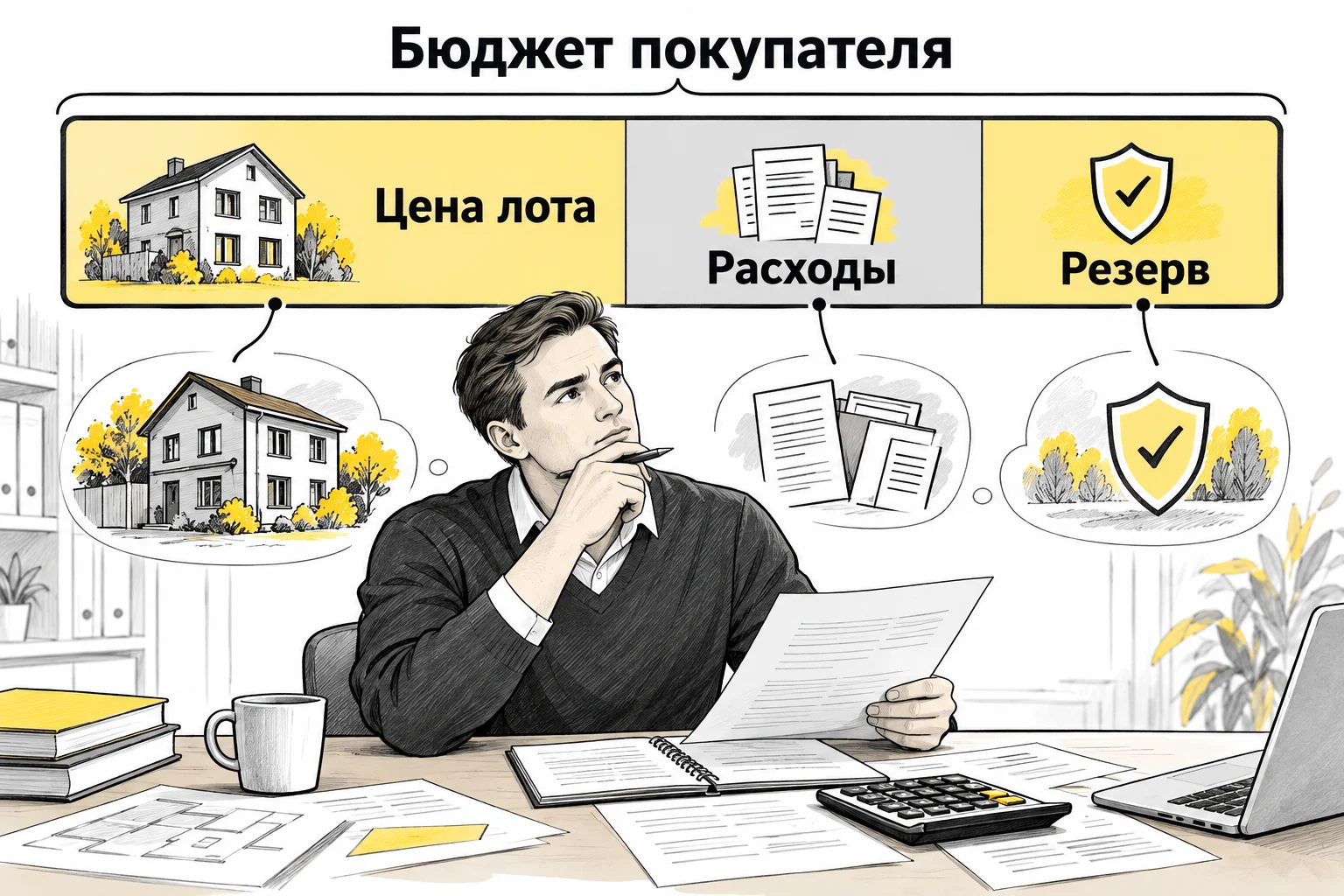 В общий бюджет покупателя входят цена лота, дополнительные расходы и отдельный резерв