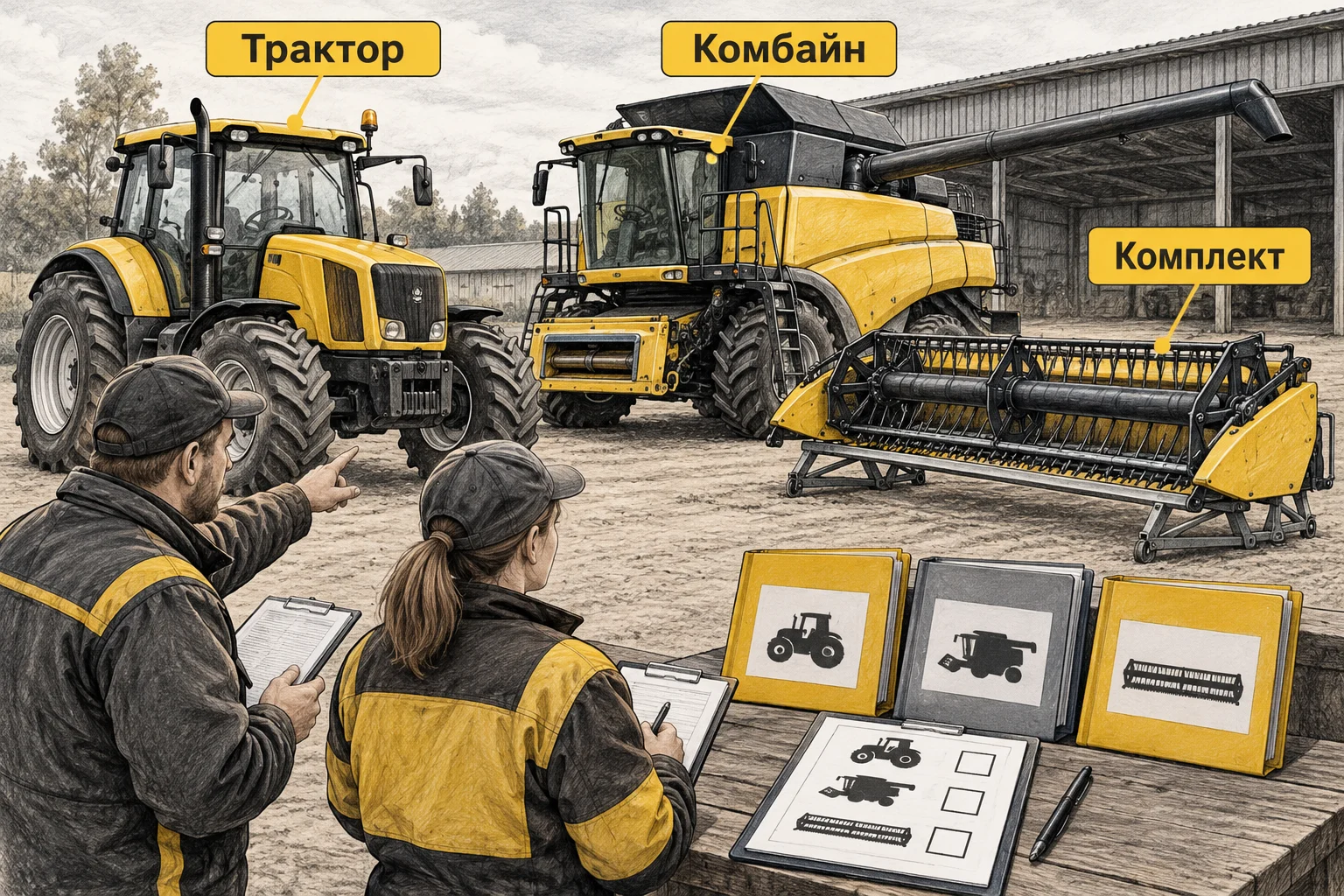 Покупатель проверяет трактор, комбайн и состав передаваемого оборудования