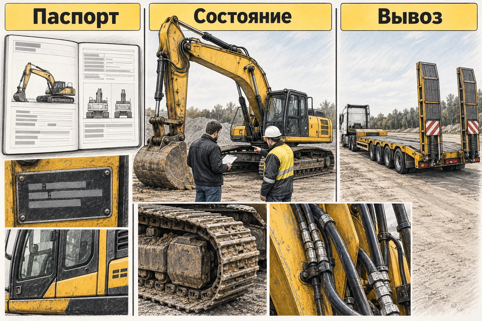 Покупатель проверяет паспорт спецтехники, состояние машины и возможность вывоза