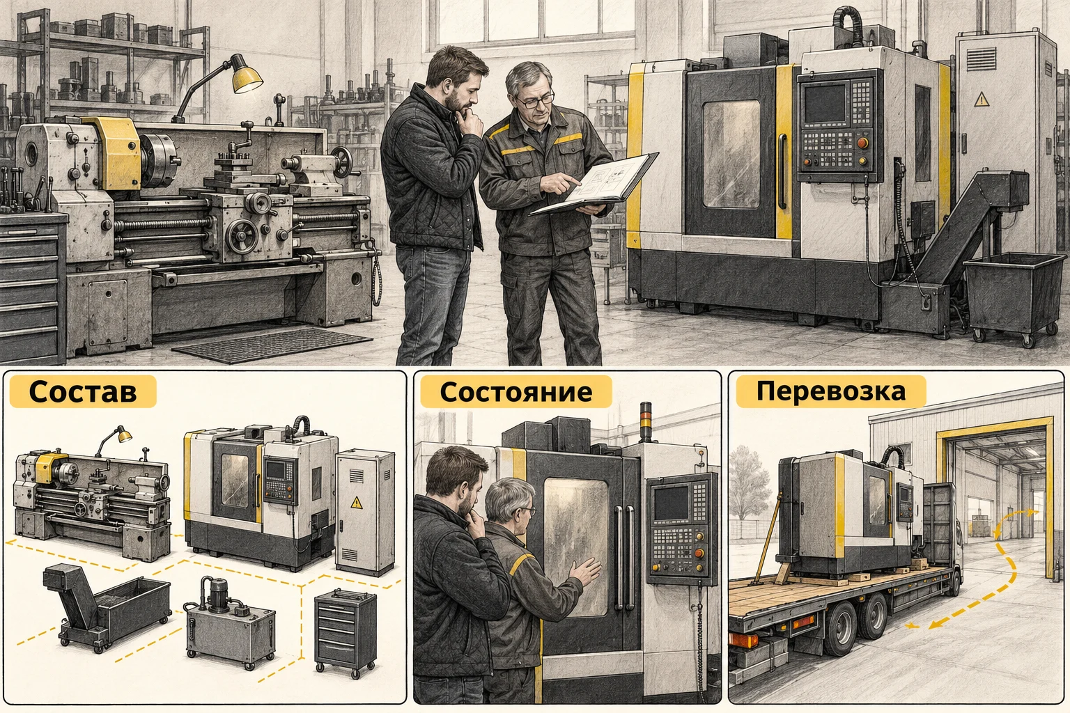 Покупатель проверяет состав станочного оборудования, состояние и условия перевозки