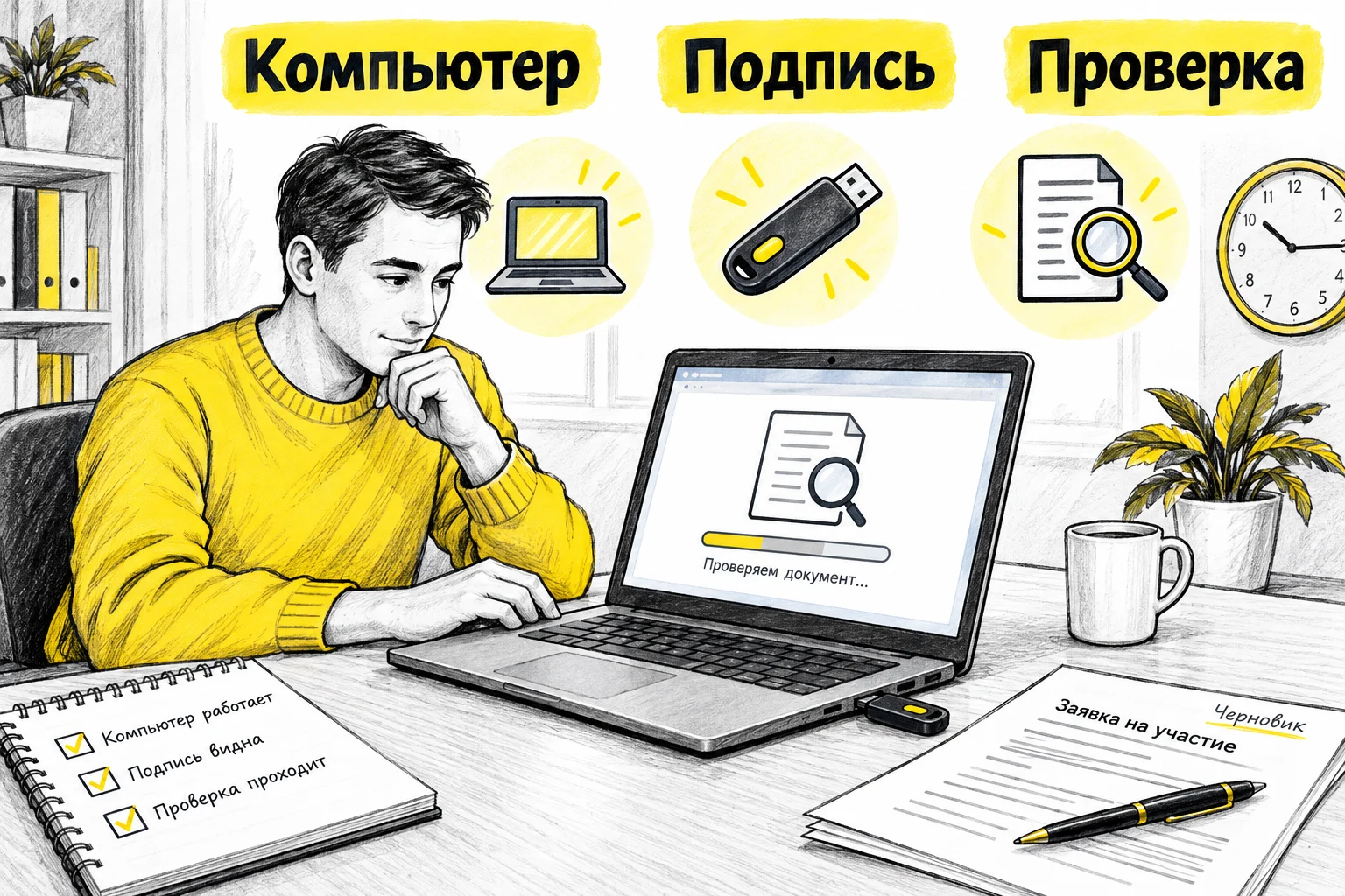 Покупатель проверяет компьютер, свою электронную подпись и работу подписания до подачи заявки