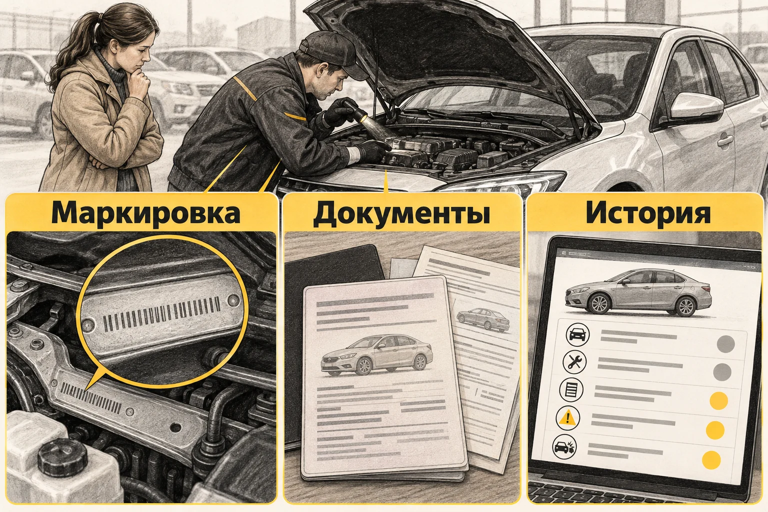 Покупатель сопоставляет маркировку автомобиля, документы и сведения об истории